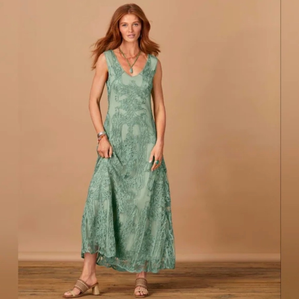 Sundance Madelyn Mae Dress Maxi Embroidered Mesh Sage Green Large NWT